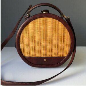 Etienne Aigner Burgundy Brown Leather & Wicker Circle Bag Crossbody Top Handle